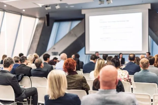 A presentation at a roofing association event