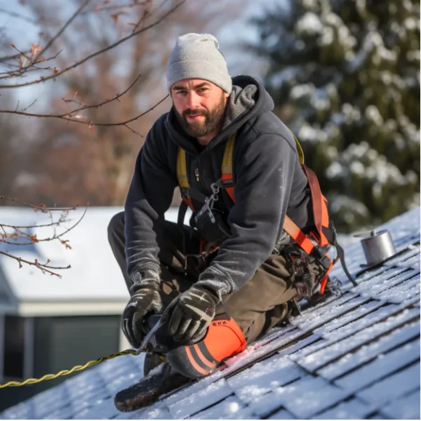 Roofing contractor sitting on a snowy roof during winter