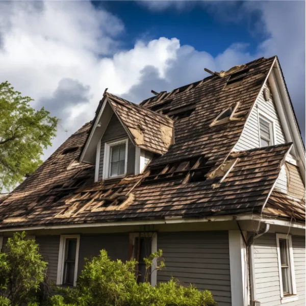 Home with missing shingles and holes in the roof