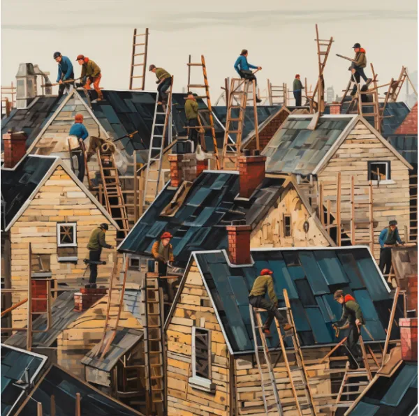 Busy roofers during the summer busy season