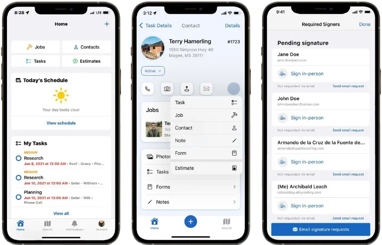 Three shots of the JobNimbus mobile app, including home page, contact page, and signature page