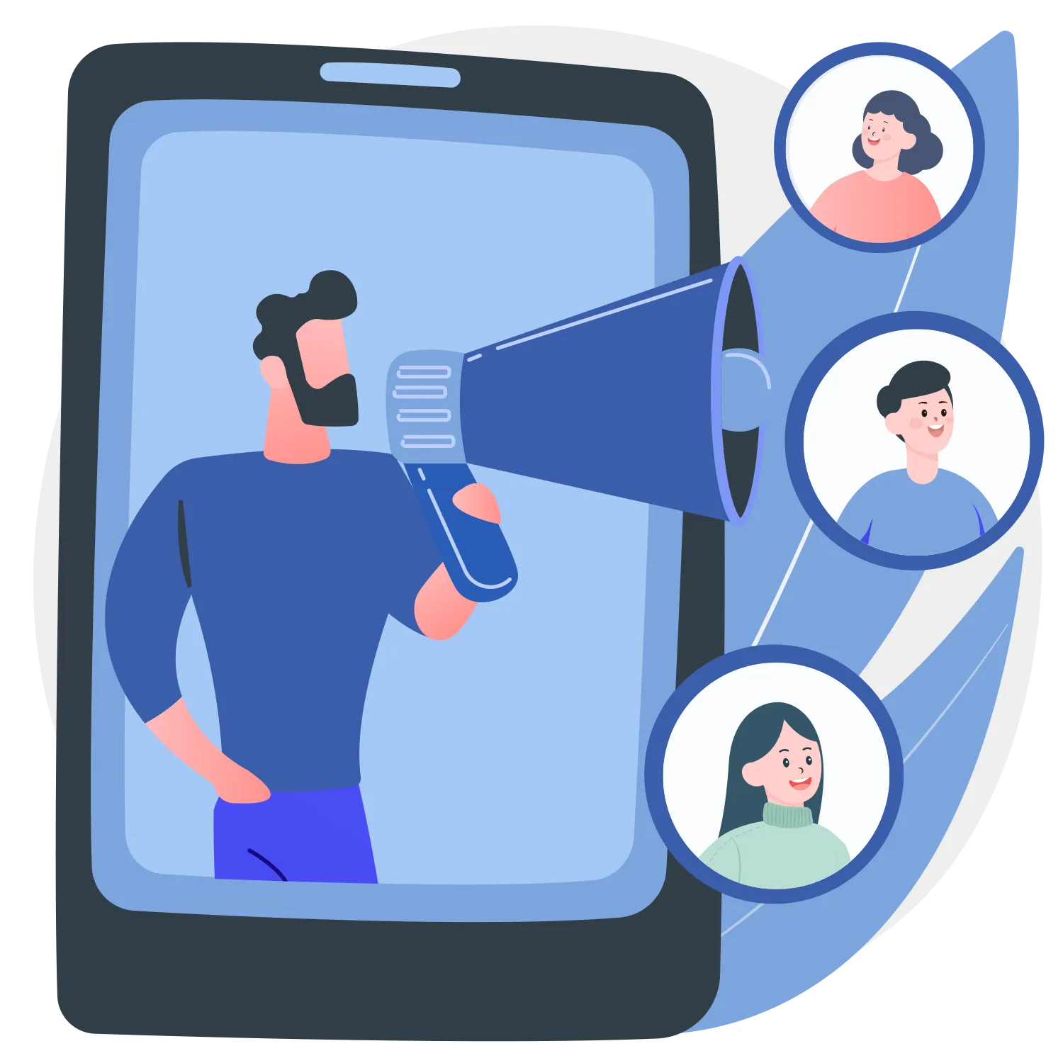 illustration of a man inside of a mobile phone using a bullhorn to reach people