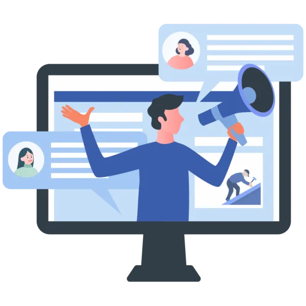 illustration of a man in a computer monitor using a bull horn to talk about reviews from customers