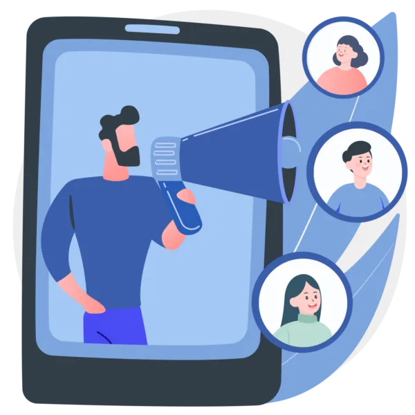 illustration of a man inside of a mobile phone using a bullhorn to reach people