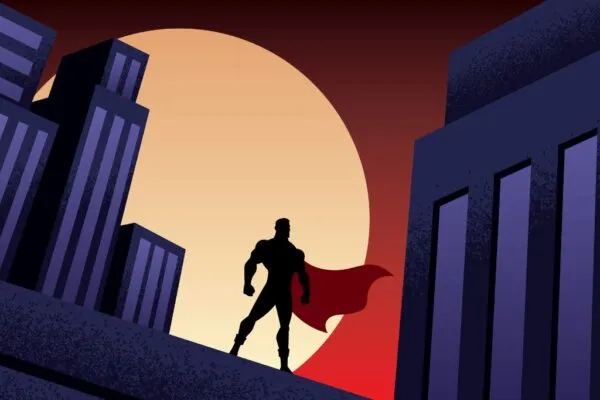 Roofman superhero standing on a rooftop outlined by the moon