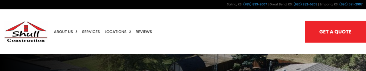 the navigation bar of a roofing website with three listed phone numbers