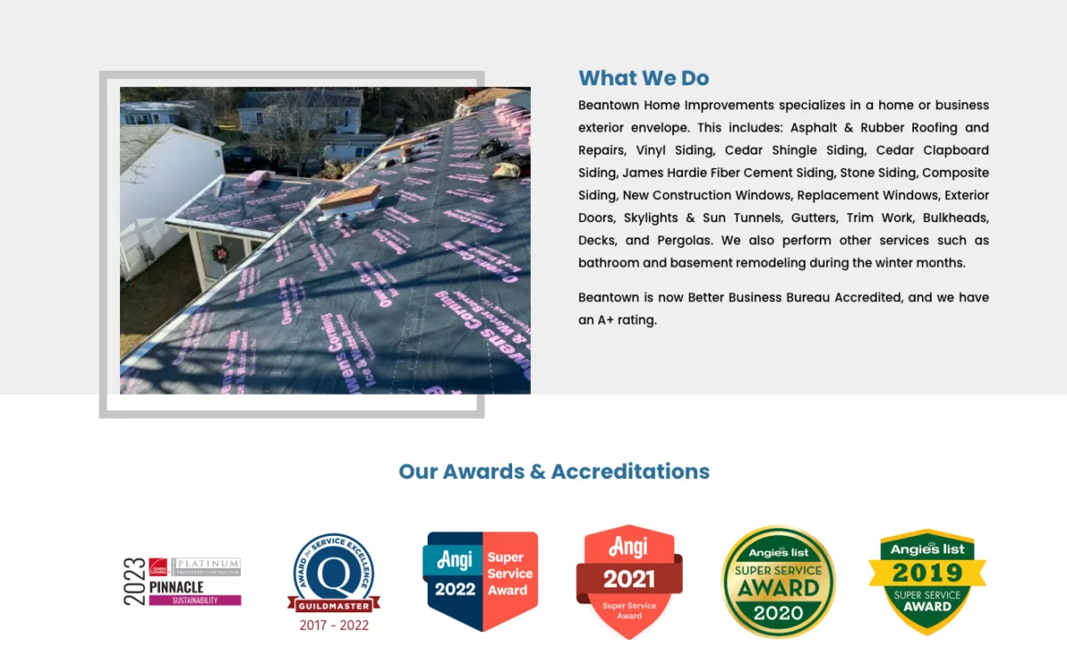 About Us page for a roofing website with awards
