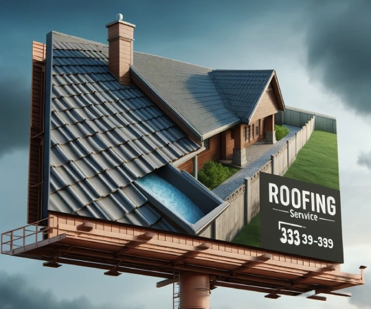 A 3D roofing billboard with a roof coming off the edge