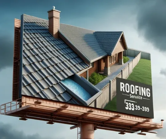 A 3D roofing billboard with a roof coming off the edge