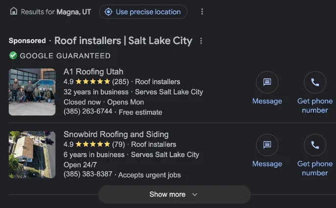Two examples of Google Guaranteed roofing companies in LSA marketing ads
