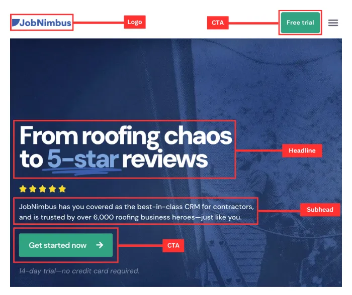 jobnimbus website homepage elements