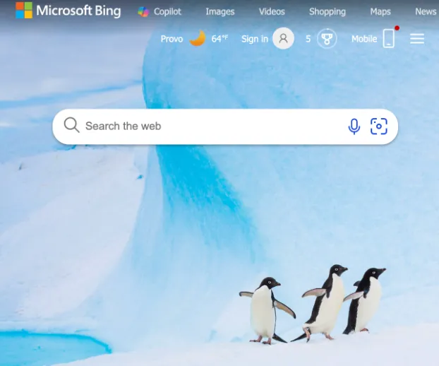 the search page on Microsoft Bing