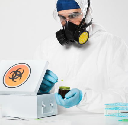 Pest control expert in safety gear handling a biohazard container, symbolizing proper chemical disposal and safety protocols