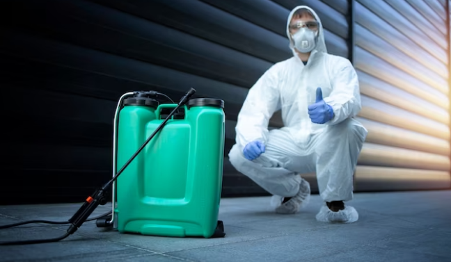 Pest control technician in protective gear crouching beside a spray canister, preparing for outdoor extermination
