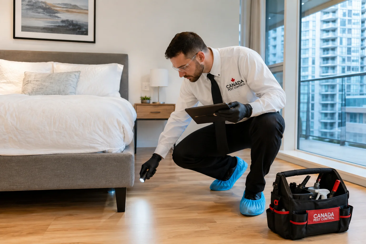 Modern bedroom setting for professional bed bug treatment inspection in Ontario