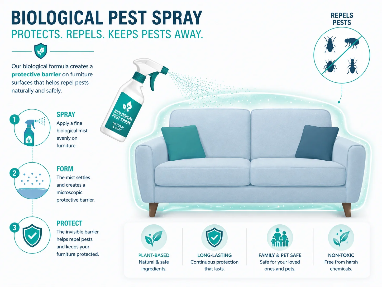 Diagram illustrating how Aprehend biopesticide residual spray works on bed bugs