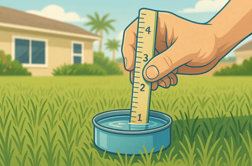 Illustrated scene of a suburban neighborhood during a rainstorm, with sprinkler heads raised in a lawn that doesn’t need watering due to heavy rainfall.