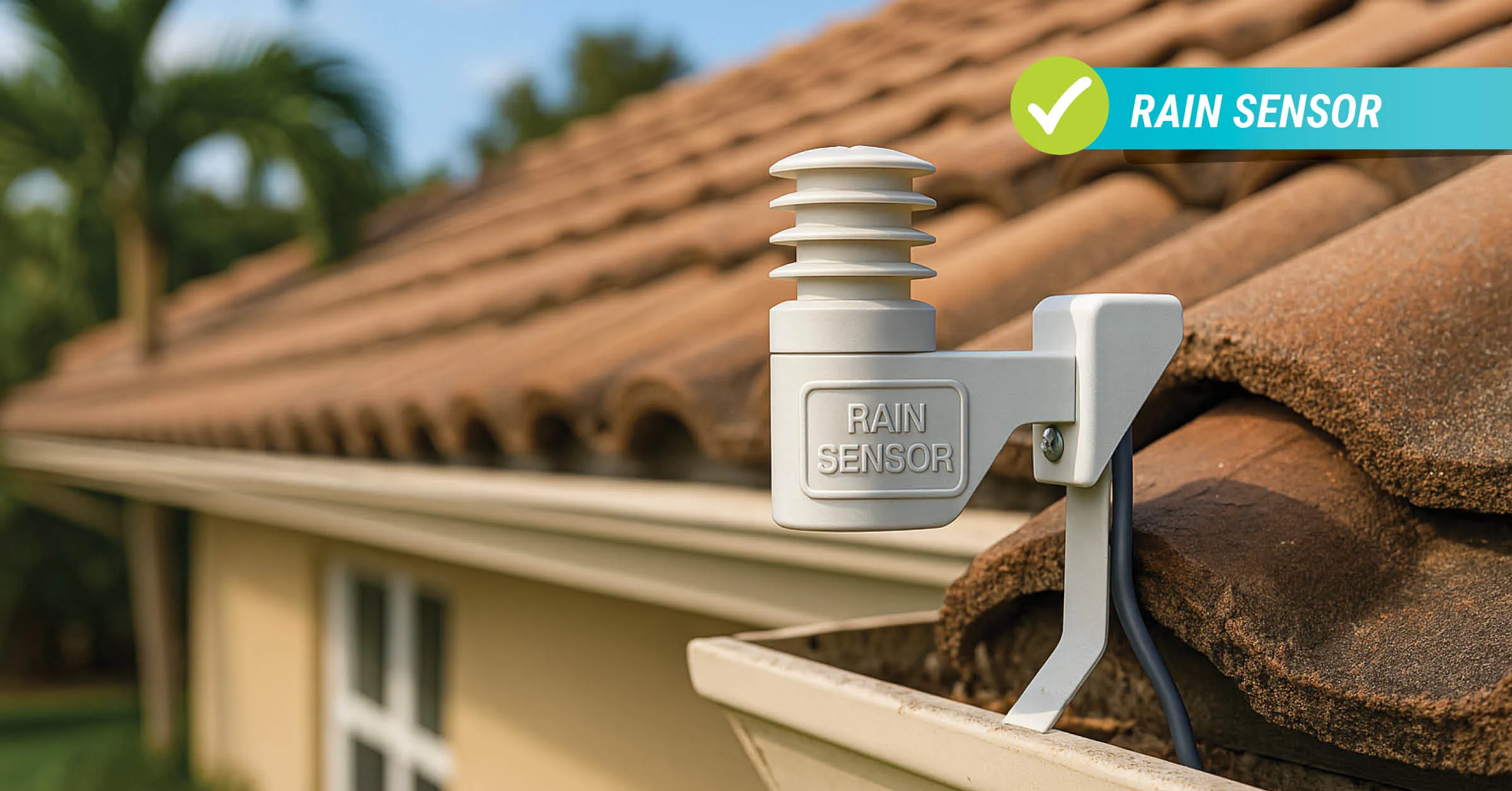 A close-up of a white rain sensor mounted on the edge of a tiled roof, used to automatically pause irrigation when it rains.