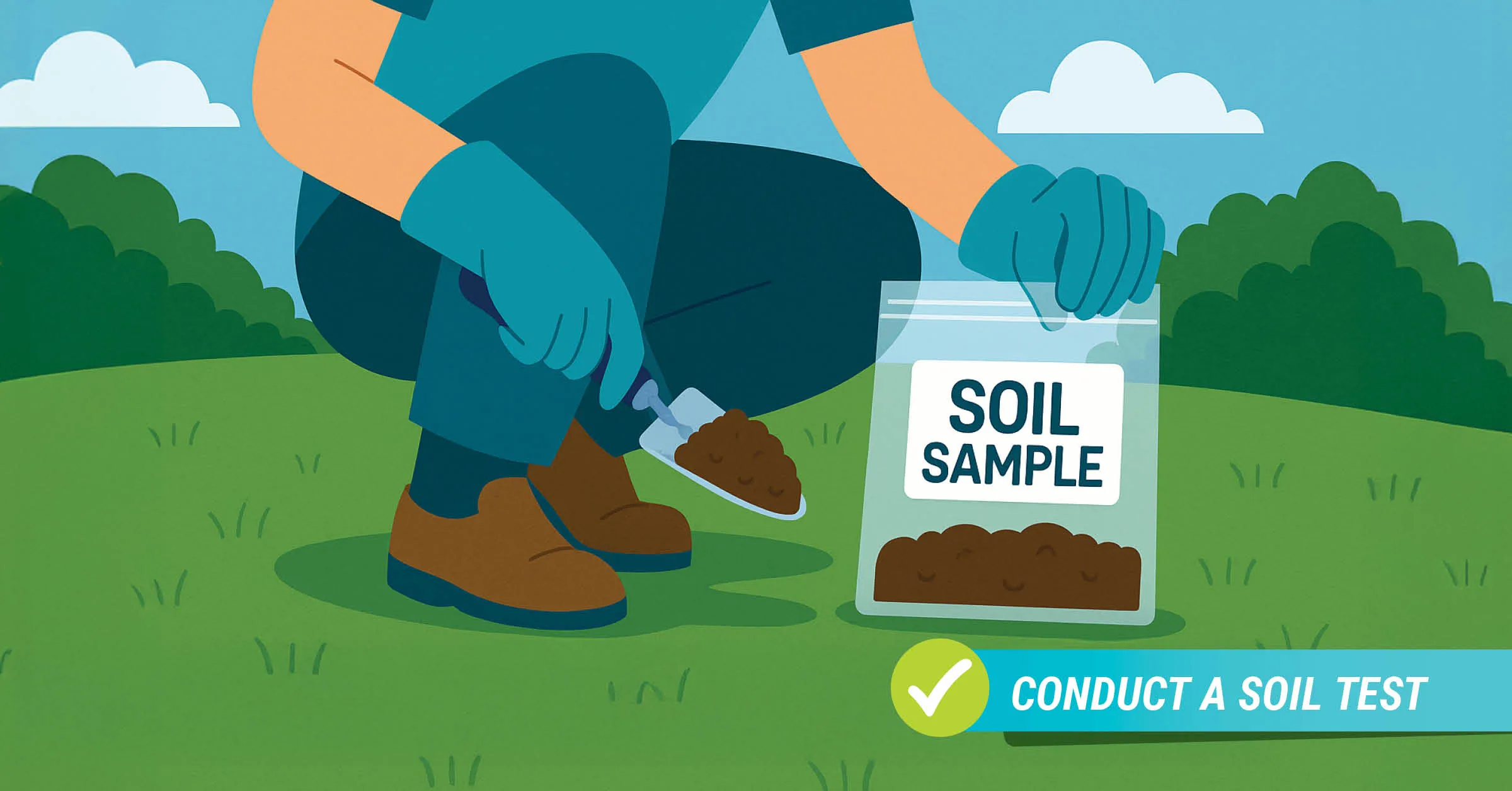Illustration of a person kneeling on grass, collecting soil with a trowel and placing it into a clear bag labeled “Soil Sample” to prepare for a soil test.