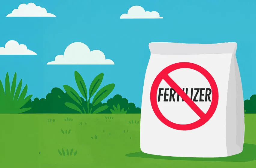 Illustrated scene of a suburban neighborhood during a rainstorm, with sprinkler heads raised in a lawn that doesn’t need watering due to heavy rainfall.