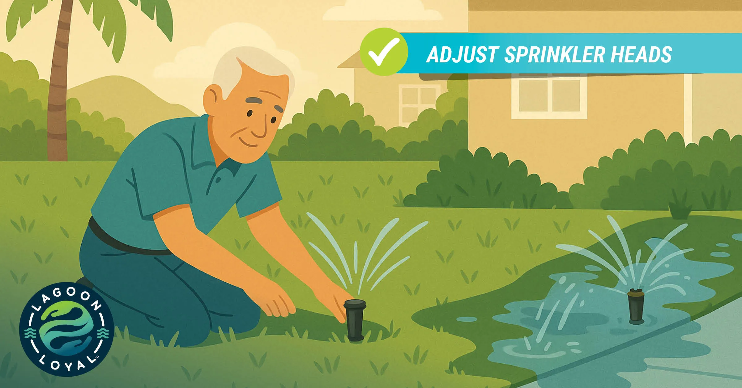 Illustration of an older man adjusting a sprinkler head while another nearby sprinkler oversprays onto a sidewalk. The text reads “Adjust Sprinkler Heads.” A Lagoon Loyal badge is in the corner.