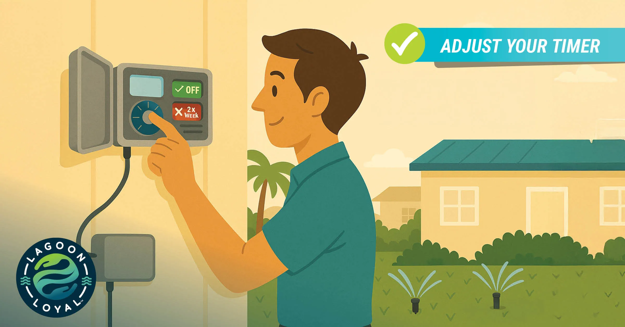 Illustration of a man adjusting an outdoor irrigation control panel. Labels on the timer show settings like “Off” and “2x Week.” The text reads “Adjust Your Timer.”