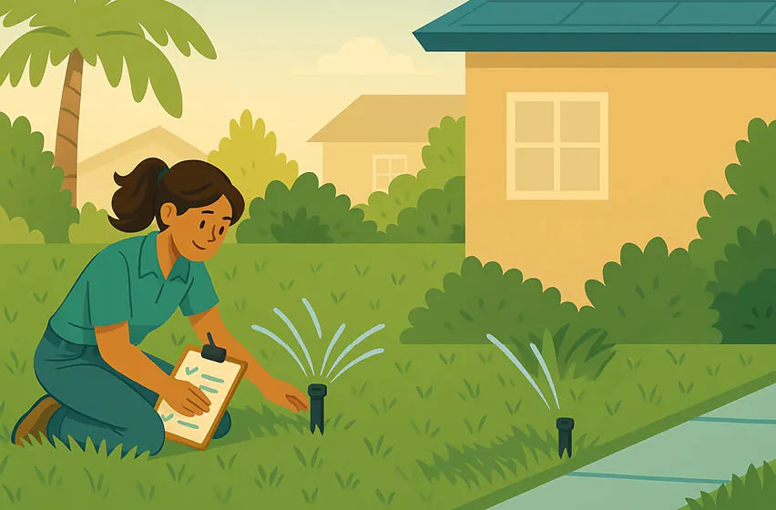 Illustrated scene of a suburban neighborhood during a rainstorm, with sprinkler heads raised in a lawn that doesn’t need watering due to heavy rainfall.