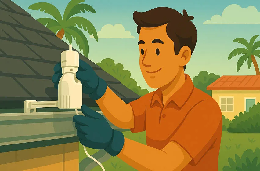 Illustrated scene of a suburban neighborhood during a rainstorm, with sprinkler heads raised in a lawn that doesn’t need watering due to heavy rainfall.