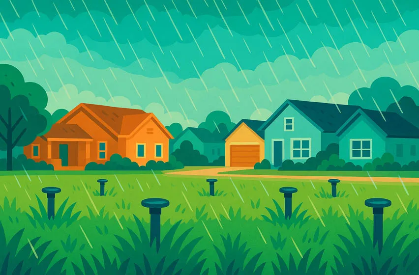 Illustrated scene of a suburban neighborhood during a rainstorm, with sprinkler heads raised in a lawn that doesn’t need watering due to heavy rainfall.