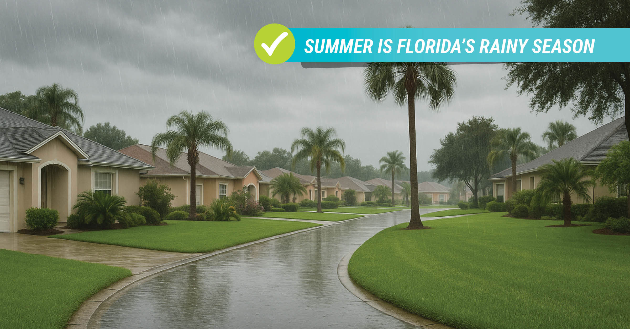 Rain falling on a quiet suburban neighborhood in Florida, with green lawns, palm trees, and a curving road lined with homes.