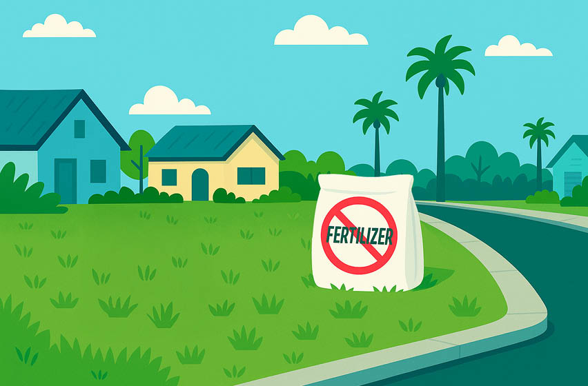 Illustration of a suburban lawn with a bag labeled “Fertilizer” crossed out in red, placed prominently on the grass. Palm trees and houses are visible in the background, evoking a neighborhood in Brevard County, Florida.