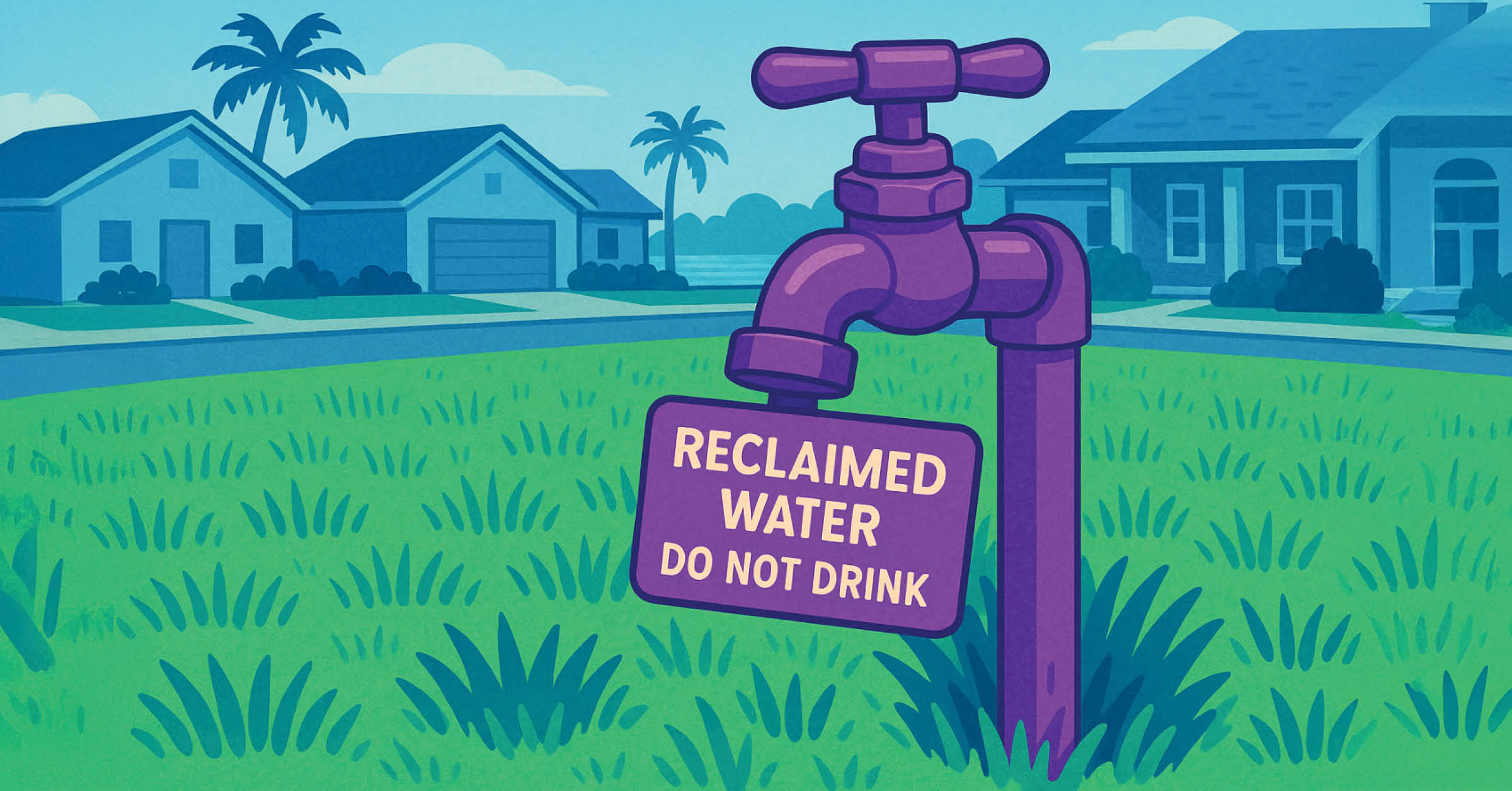 Reclaimed water spigot with purple label indicating non-potable water