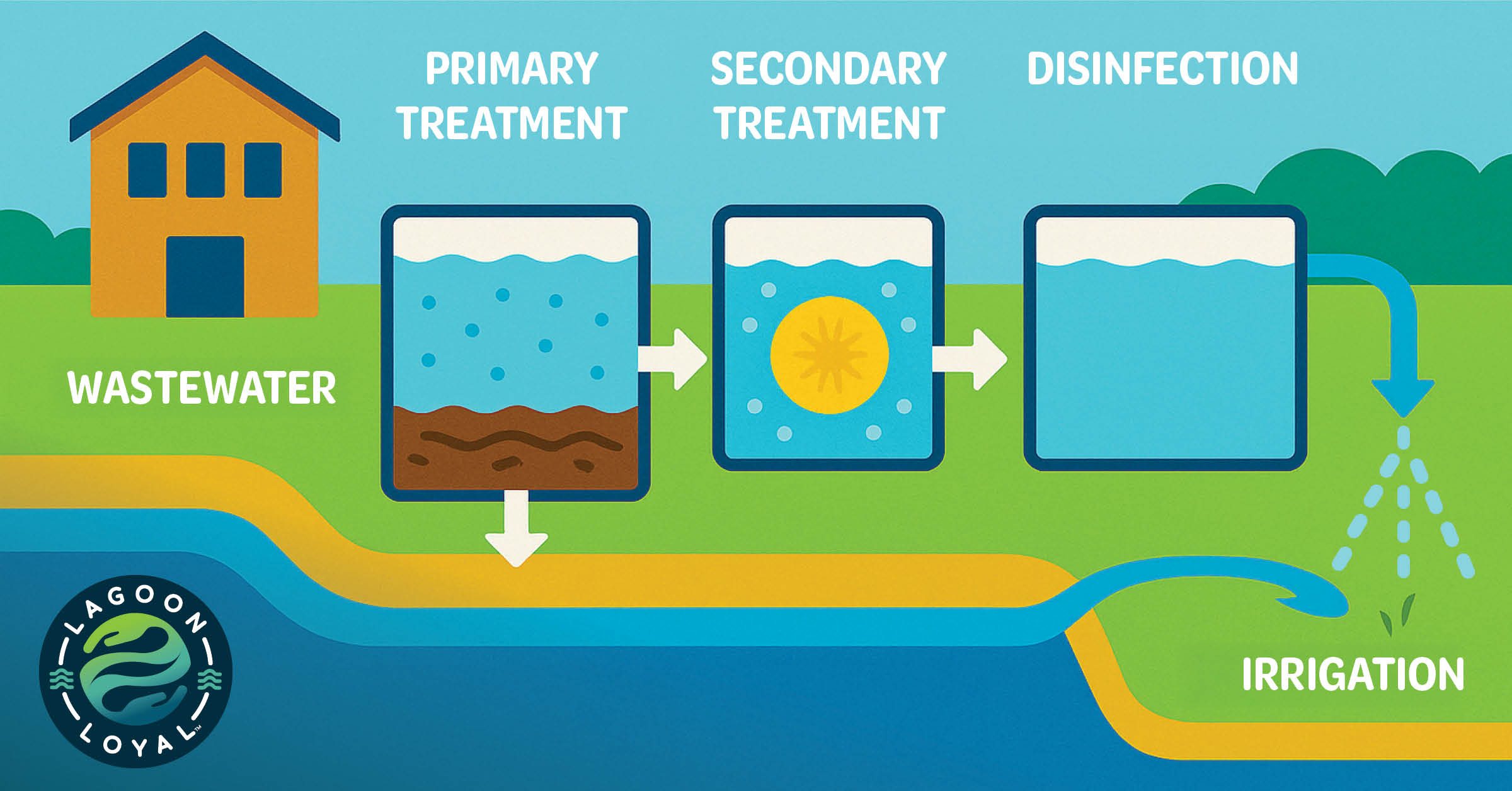 Diagram of reclaimed water treatment process from wastewater to irrigation.