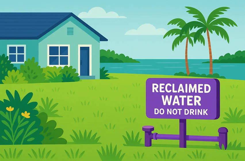 Illustrated scene of a suburban neighborhood during a rainstorm, with sprinkler heads raised in a lawn that doesn’t need watering due to heavy rainfall.