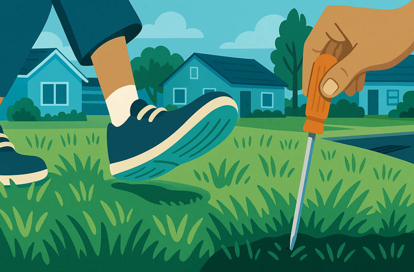 Illustration of a person’s foot pressing grass to check for footprints and a hand pushing a screwdriver into the soil to test lawn moisture, with neighborhood houses in the background.
