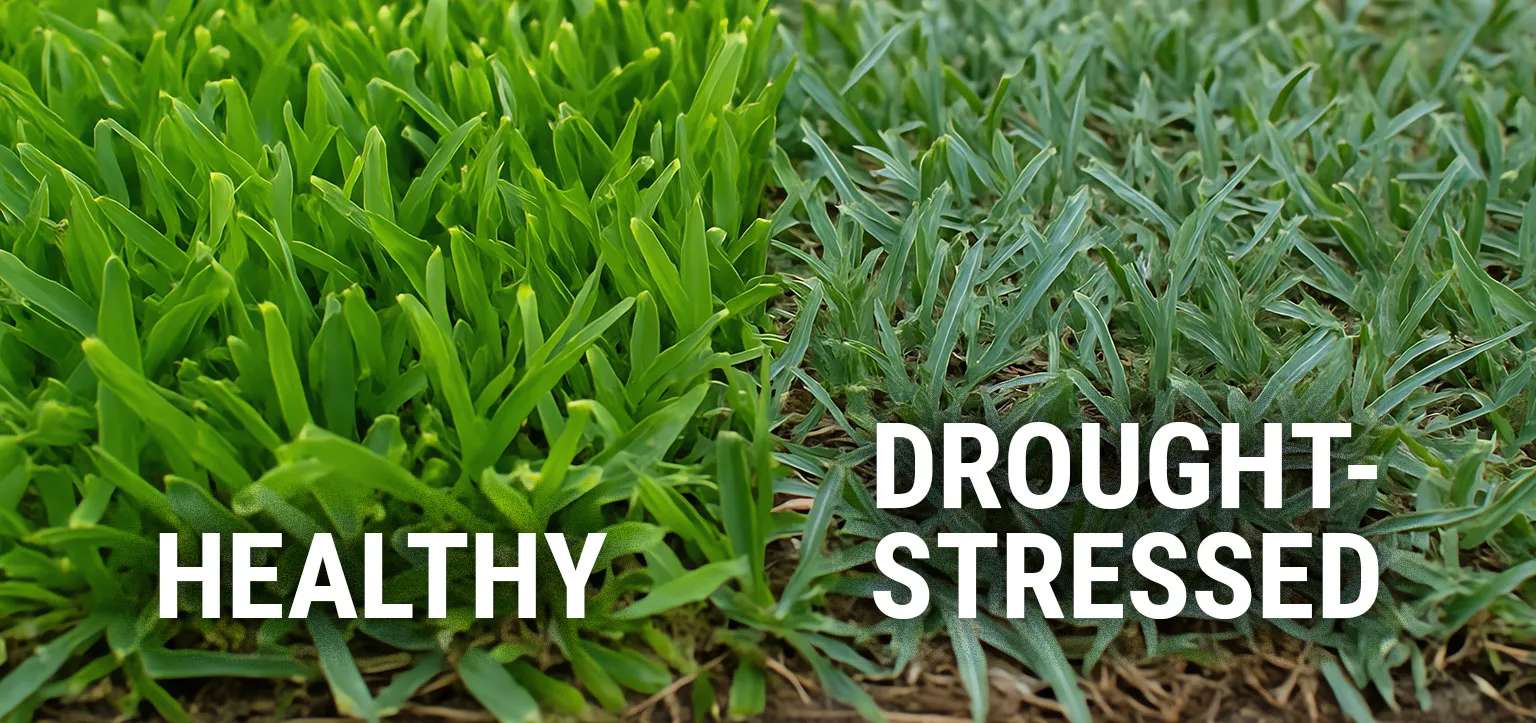Side-by-side comparison of turfgrass: on the left, healthy bright green grass; on the right, dull bluish-gray drought-stressed grass.