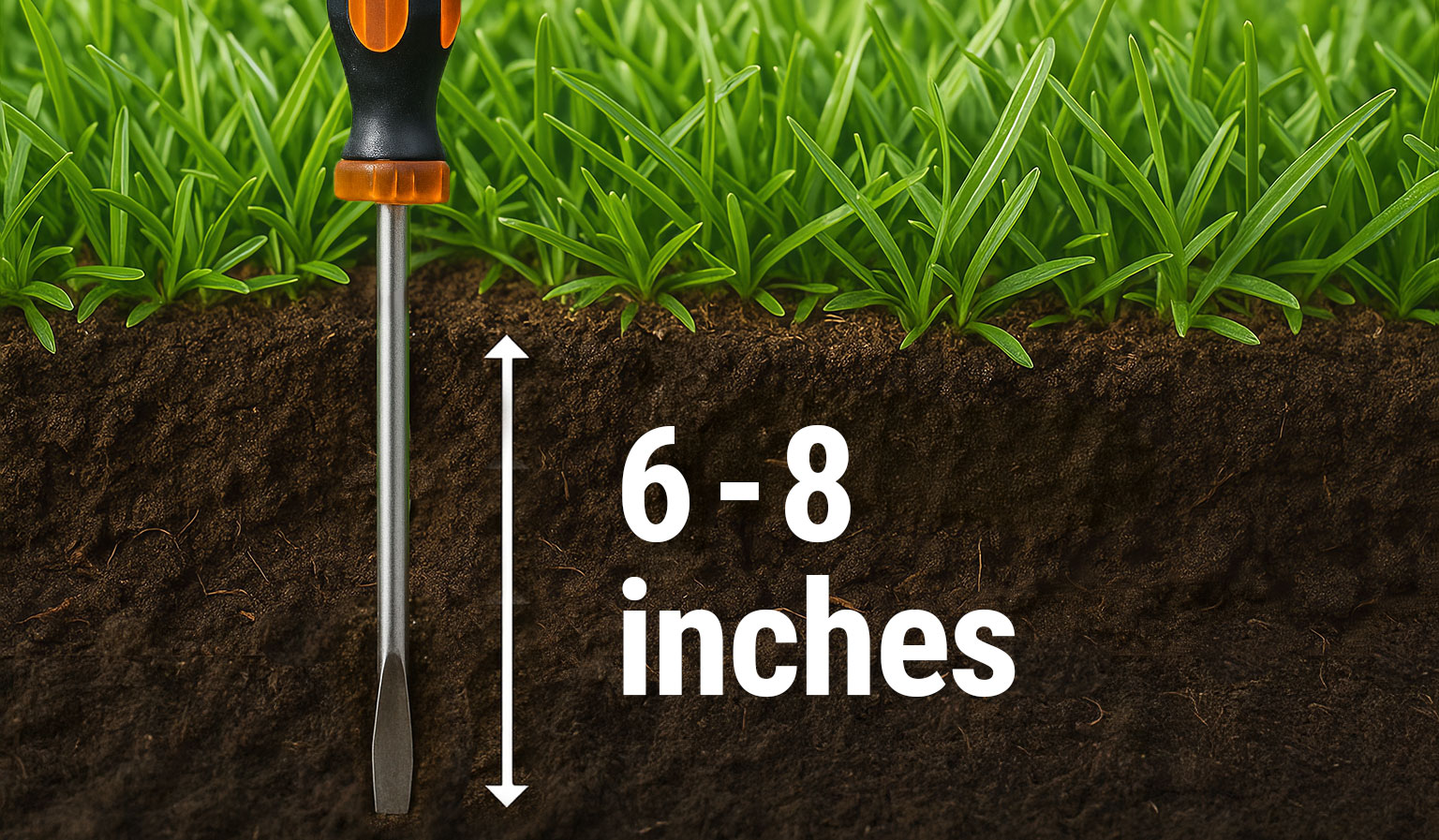 Close-up of a screwdriver pushed into soil beside grass, showing the recommended 6–8 inches depth for checking lawn moisture.