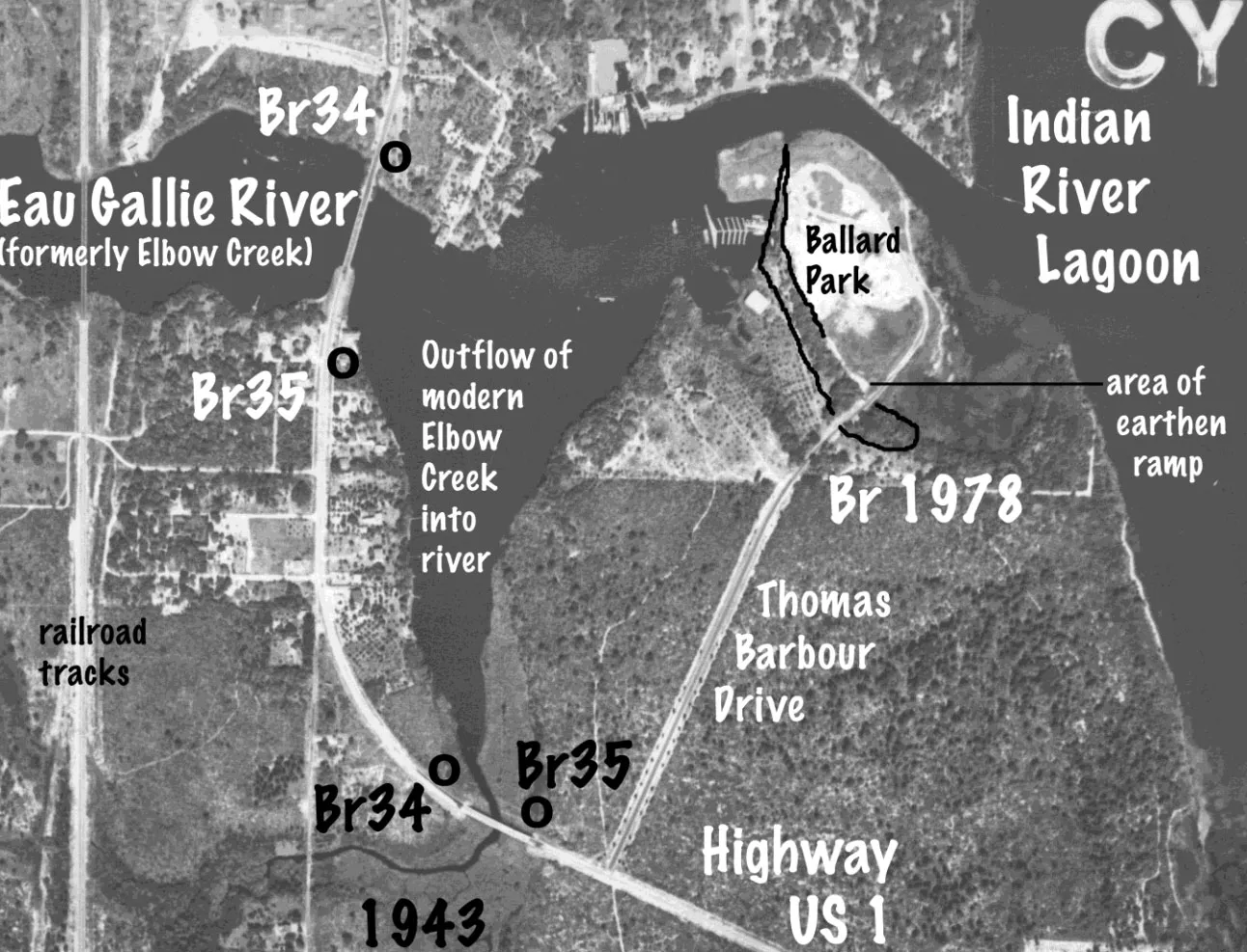 Aerial map from 1943 of the Eau Gallie River and Indian River Lagoon area, marking the historic Pentoaya midden site and shoreline changes.