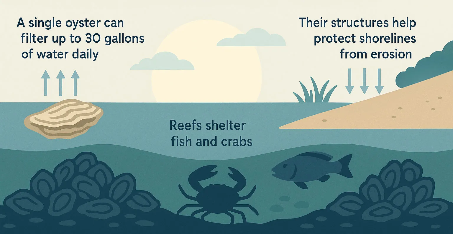 Illustration showing oyster reef benefits: oysters filter water, reefs shelter fish and crabs, and oyster structures protect shorelines from erosion.