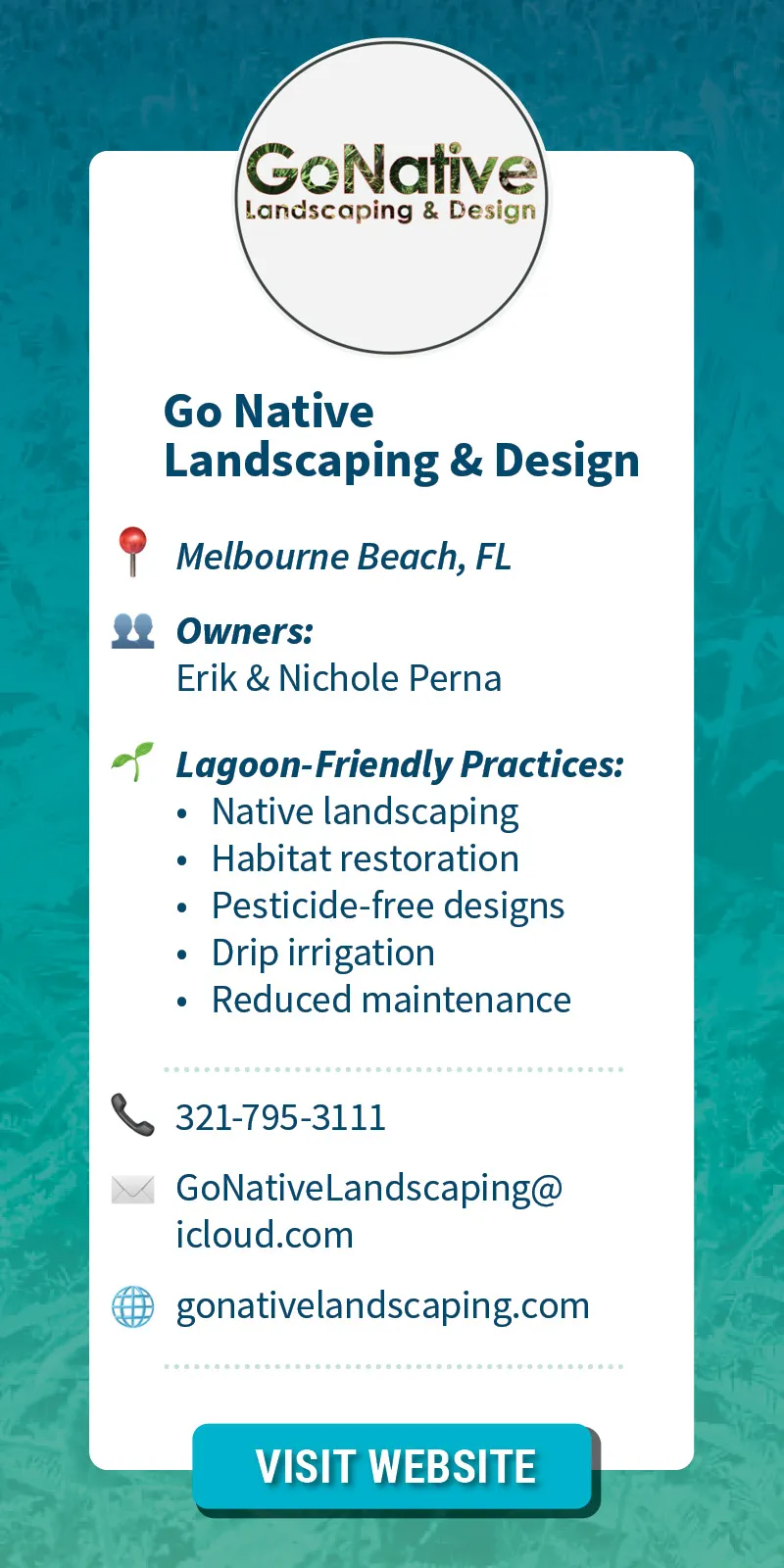Go Native Landscaping & Design business profile card with logo, contact information, and a list of lagoon-friendly practices.