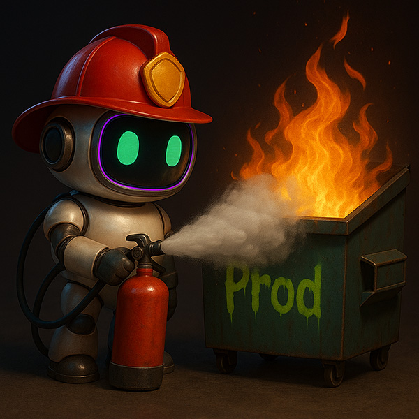 Robot putting out a prod fire in a dumpster