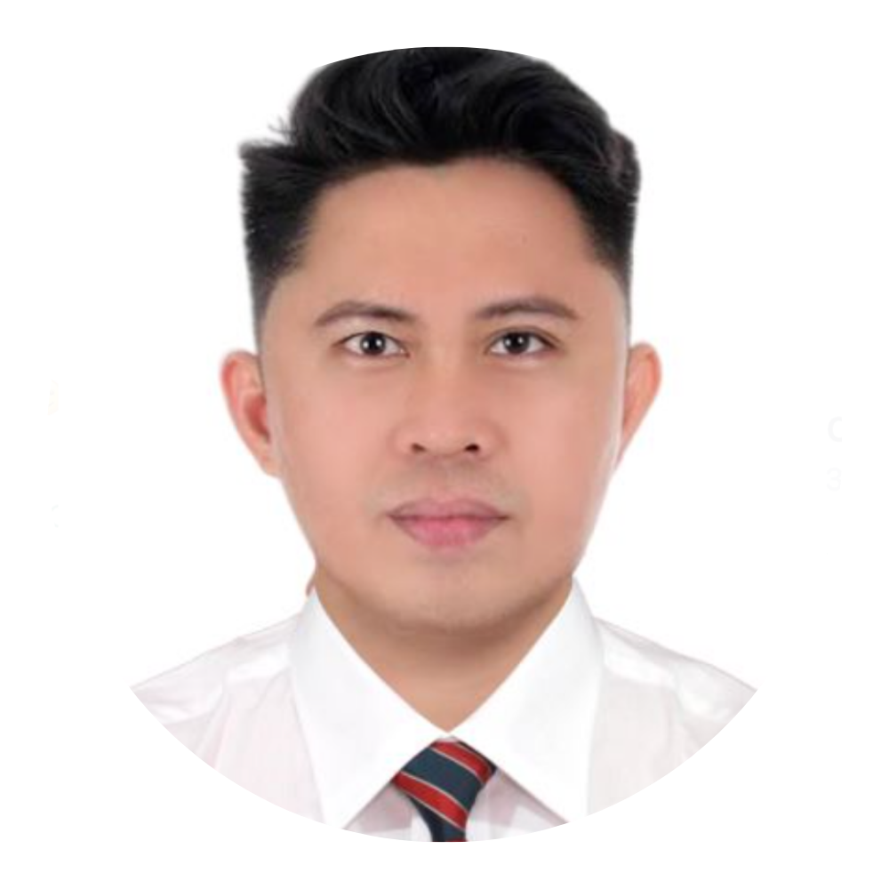 Portrait of a man wearing a white shirt and striped tie against a white background.