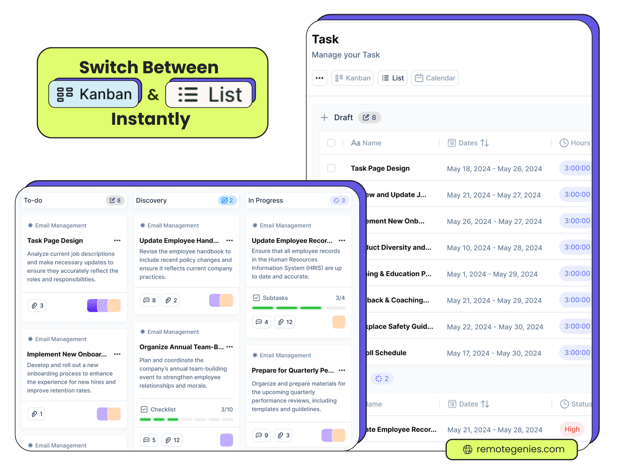 User interface showing a task management app with an option to switch instantly between Kanban and List views, displaying tasks organized in columns and detailed list format.  | RemoteGenies