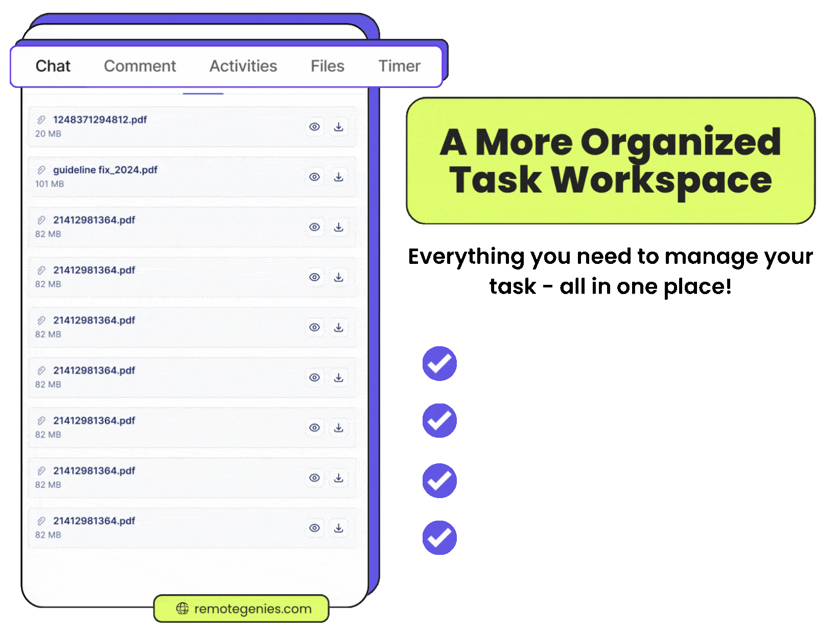Animated workspace interface showing tabs for Chat, Comment, Activities, Files, Timer, with a files list and text reading 'A More Organized Task Workspace' and 'Everything you need to manage your task – all in one place!'