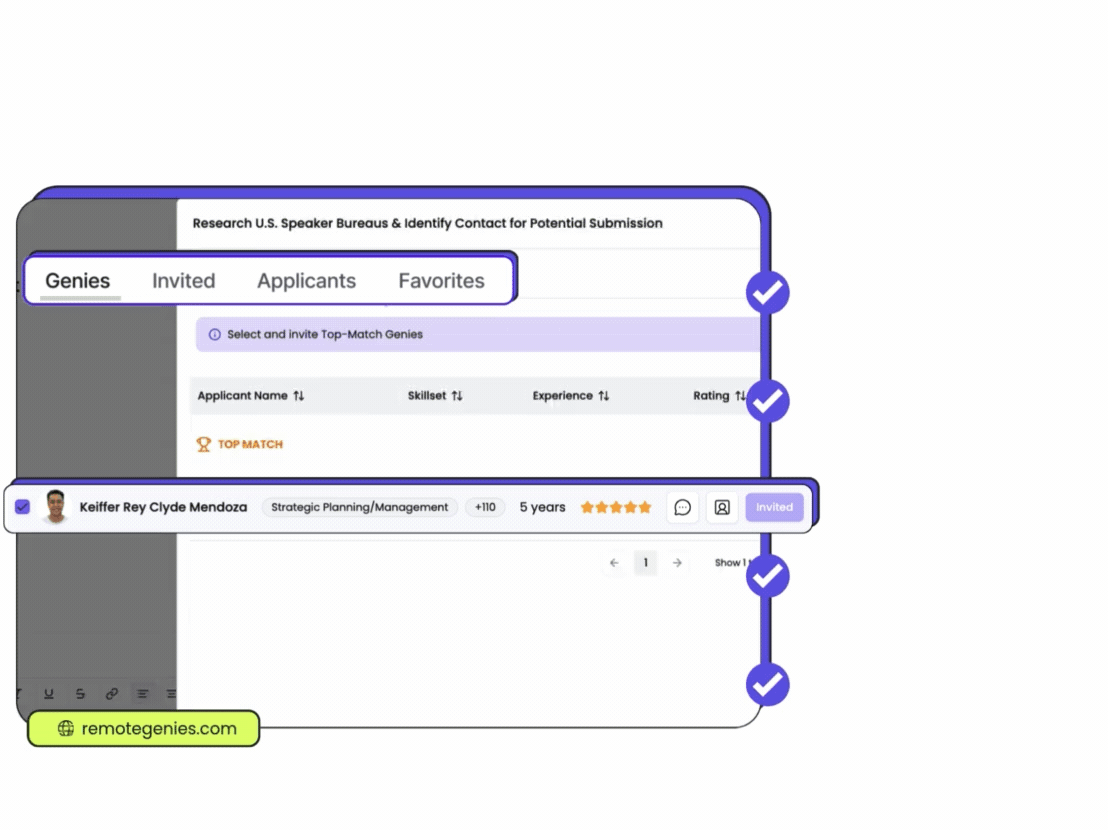 User interface showing a list of applicants with tabs for Genies, Invited, Applicants, and Favorites; one applicant named Keiffer Rey Clyde Mendoza is selected, with skills in Strategic Planning/Management, 5 years of experience, a five-star rating, and marked as Invited.  | RemoteGenies