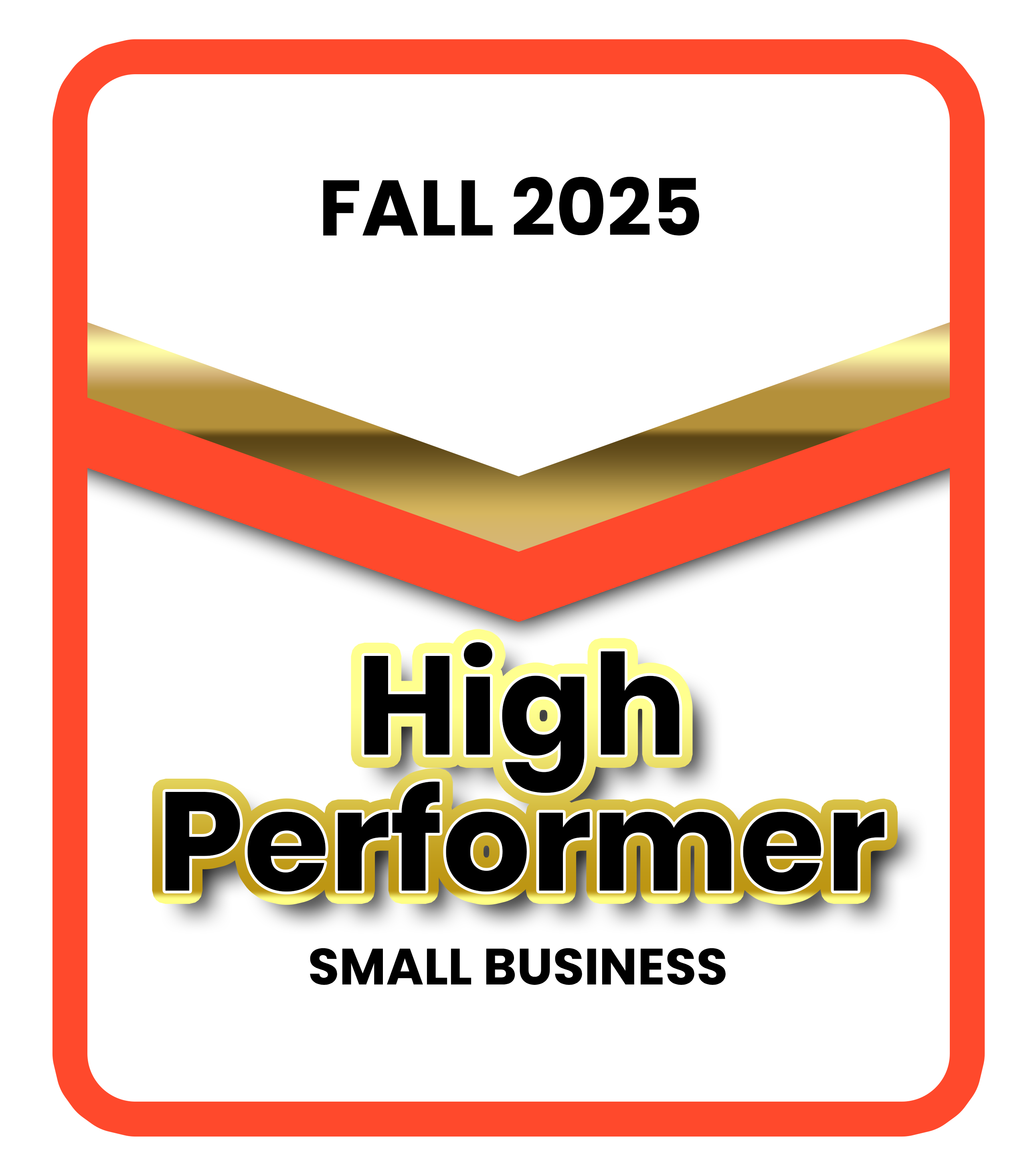 Badge with text FALL 2025 High Performer Small Business in black and gold with red and gold accents.  | RemoteGenies