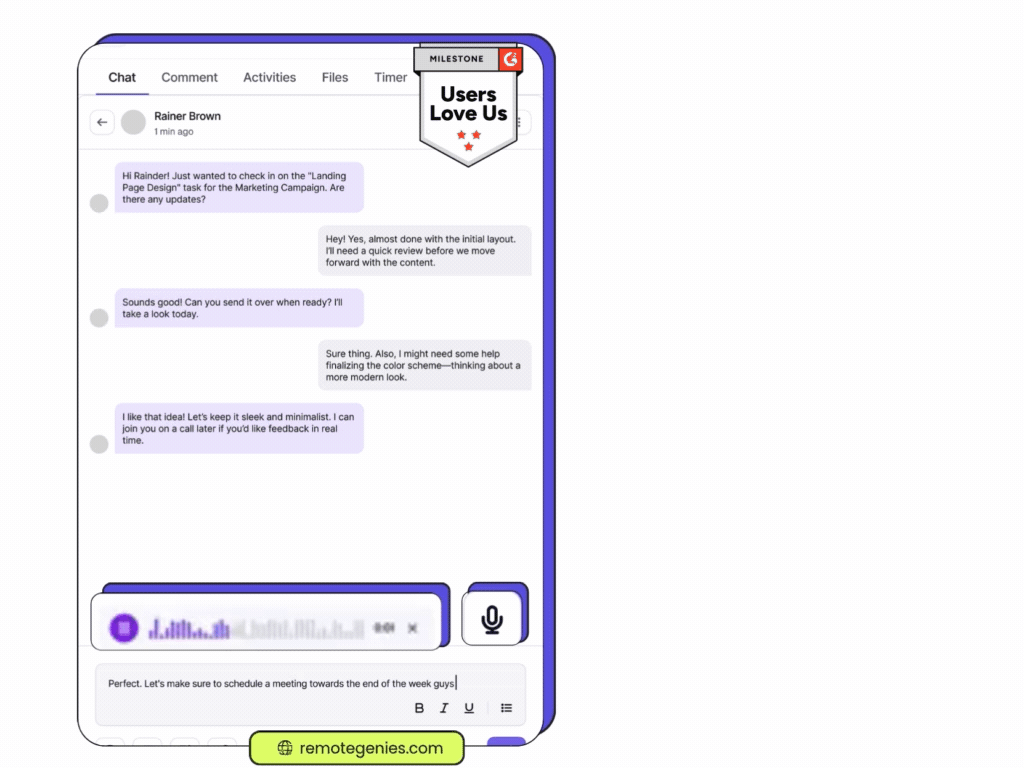 Chat interface showing a conversation between Rainer Brown and another user discussing a Marketing Campaign's landing page design, with messages in purple and gray bubbles, message input box, and a Users Love Us milestone badge. | RemoteGenies