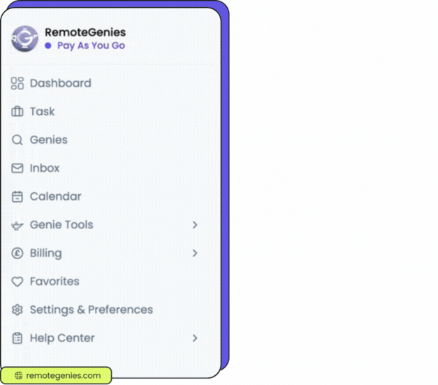 Sidebar menu of RemoteGenies with options: Dashboard, Task, Genies, Inbox, Calendar, Genie Tools, Billing, Favorites, Settings & Preferences, and Help Center.