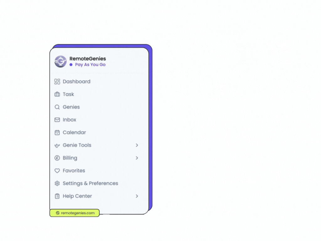 Animated interface of RemoteGenies showing a sidebar menu with options like Dashboard, Task, Genies, Inbox, Calendar, Genie Tools, Billing, Favorites, Settings & Preferences, and Help Center.