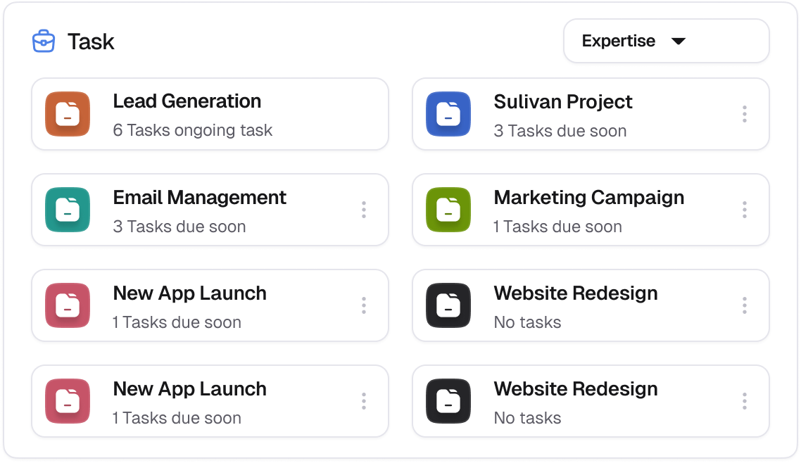Task panel showing projects with task counts: Lead Generation with 6 ongoing tasks, Sulivan Project with 3 tasks due soon, Email Management with 3 tasks due soon, Marketing Campaign with 1 task due soon, two New App Launch entries each with 1 task due soon, and two Website Redesign entries with no tasks. | RemoteGenies